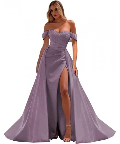 Off The Shoulder Mermaid Prom Dresses for Woman 2024 Satin Split Formal Evening Party Gown with Train Wisteria $29.20 Dresses