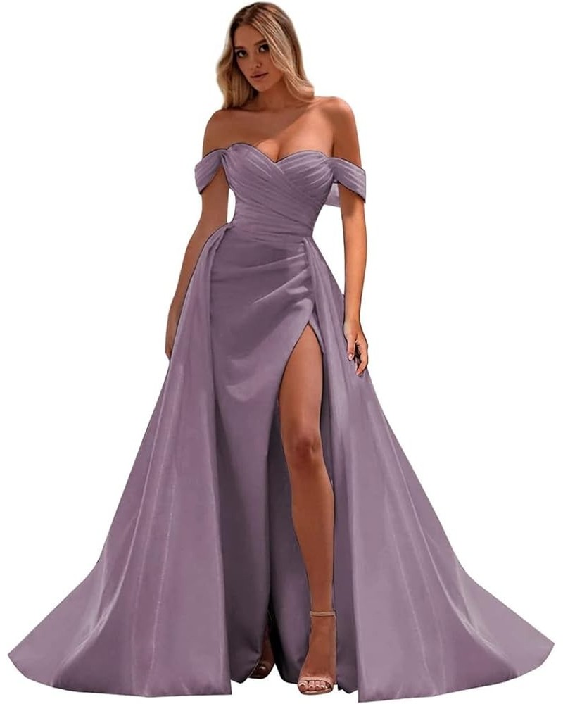 Off The Shoulder Mermaid Prom Dresses for Woman 2024 Satin Split Formal Evening Party Gown with Train Wisteria $29.20 Dresses