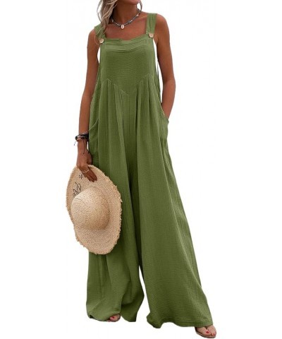 Women's Cotton Wide Leg Pants Jumpsuits Casual One Piece Vintage Solid Color Button Dressy Loose Rompers Overalls Army Green ...