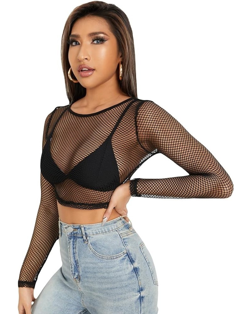 Women's See Through Tops Floral Print Long Sleeve Tee Lettuce Trim Sexy Sheer Mesh Crop Top T Shirts Black Fishnet $10.79 T-S...