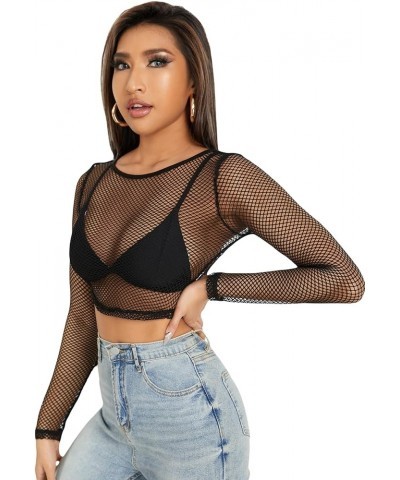 Women's See Through Tops Floral Print Long Sleeve Tee Lettuce Trim Sexy Sheer Mesh Crop Top T Shirts Black Fishnet $10.79 T-S...