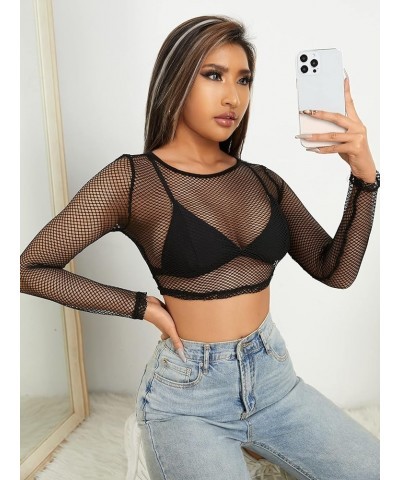 Women's See Through Tops Floral Print Long Sleeve Tee Lettuce Trim Sexy Sheer Mesh Crop Top T Shirts Black Fishnet $10.79 T-S...