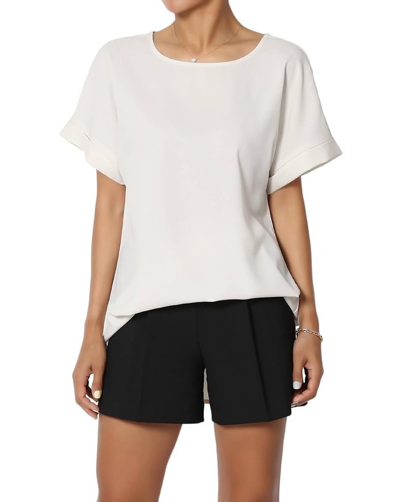 Women's Casual Office Cuffed Dolman Short Sleeve Boat Neck Loose Chiffon Top Dobby Bone $9.24 Tops