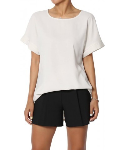 Women's Casual Office Cuffed Dolman Short Sleeve Boat Neck Loose Chiffon Top Dobby Bone $9.24 Tops