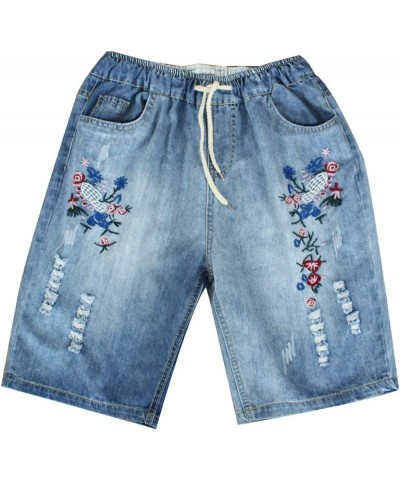 Women's Summer Elastic Waist Embroidery Floral Denim Jean Short Capri Pants A9 $13.15 Jeans