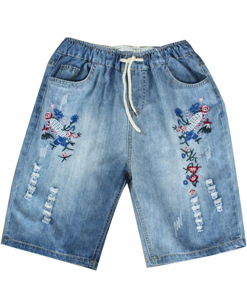 Women's Summer Elastic Waist Embroidery Floral Denim Jean Short Capri Pants A9 $13.15 Jeans