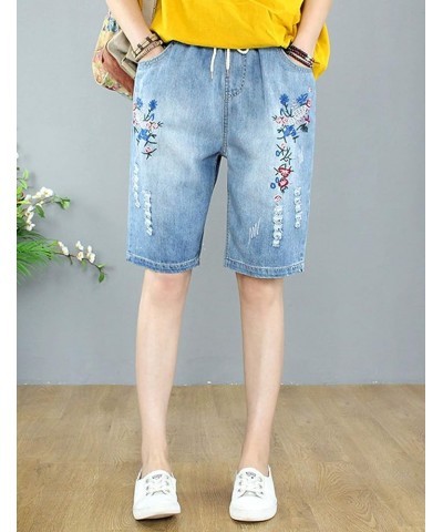 Women's Summer Elastic Waist Embroidery Floral Denim Jean Short Capri Pants A9 $13.15 Jeans