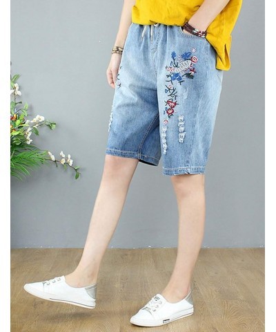 Women's Summer Elastic Waist Embroidery Floral Denim Jean Short Capri Pants A9 $13.15 Jeans