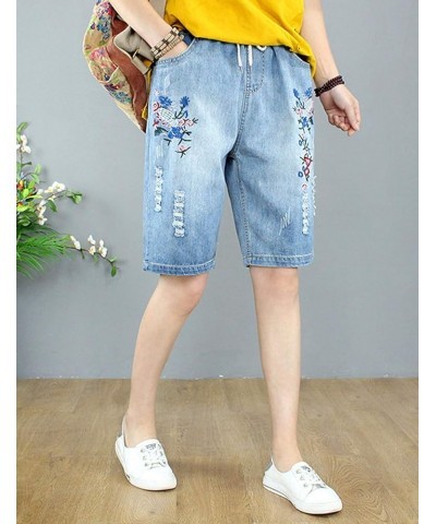 Women's Summer Elastic Waist Embroidery Floral Denim Jean Short Capri Pants A9 $13.15 Jeans