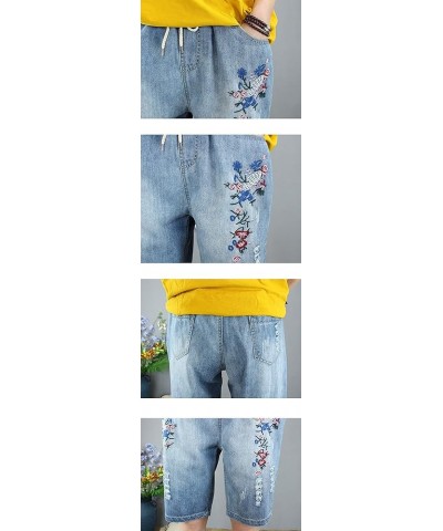 Women's Summer Elastic Waist Embroidery Floral Denim Jean Short Capri Pants A9 $13.15 Jeans