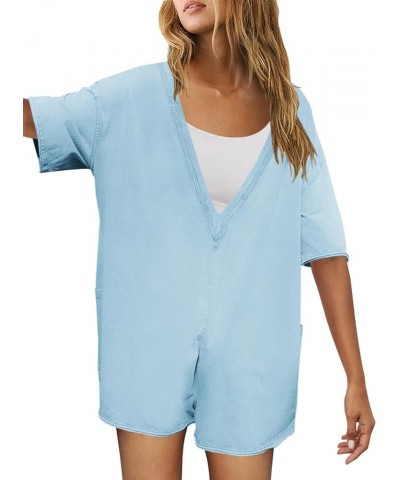 Womens Summer Oversized Tee Romper One Piece V Neck Reversible Jumpsuit Overalls Workout Outfits Light Blue $17.33 Jumpsuits