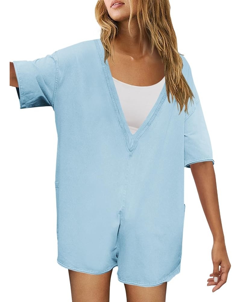 Womens Summer Oversized Tee Romper One Piece V Neck Reversible Jumpsuit Overalls Workout Outfits Light Blue $17.33 Jumpsuits