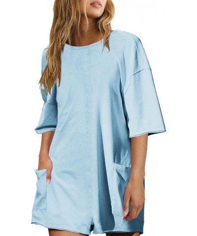 Womens Summer Oversized Tee Romper One Piece V Neck Reversible Jumpsuit Overalls Workout Outfits Light Blue $17.33 Jumpsuits