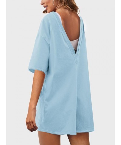 Womens Summer Oversized Tee Romper One Piece V Neck Reversible Jumpsuit Overalls Workout Outfits Light Blue $17.33 Jumpsuits