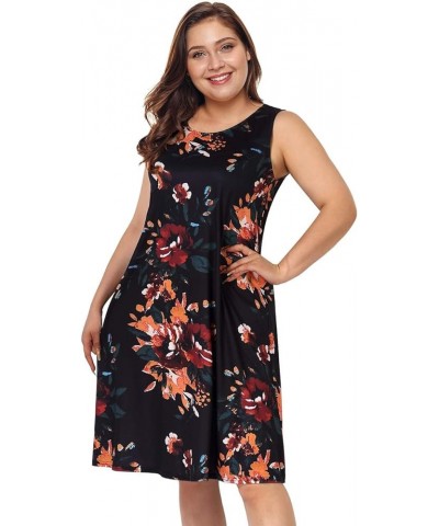 Womens Plus Size Casual Boho Sundress Summer Sleeveless Dresses E-brown Flower Black(sleeveless/No Pockets) $11.50 Others