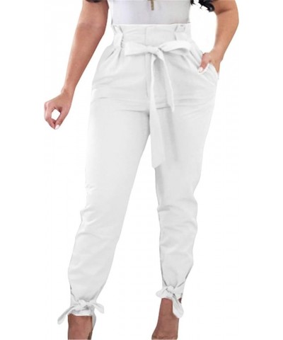 Women Solid Casual Work Trousers High Waist Ruffle Bow Tie Pants White $15.11 Pants