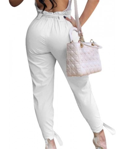 Women Solid Casual Work Trousers High Waist Ruffle Bow Tie Pants White $15.11 Pants