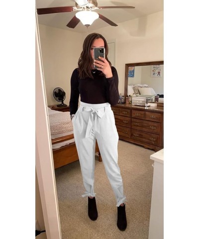 Women Solid Casual Work Trousers High Waist Ruffle Bow Tie Pants White $15.11 Pants