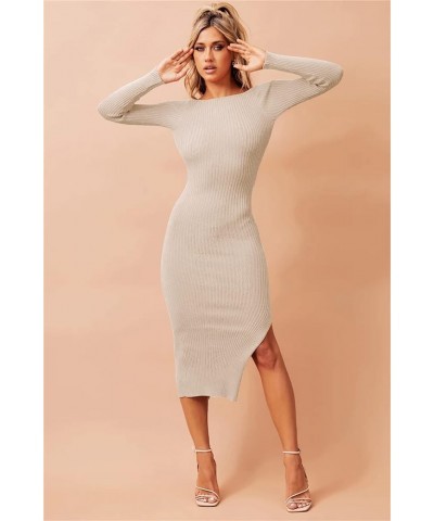 Women Twist Front Cutout Bodycon Club Night Out Party Dress Long Sleeve V Neck Ribbed Knitted Backless Slim Fit Midi Dresses ...