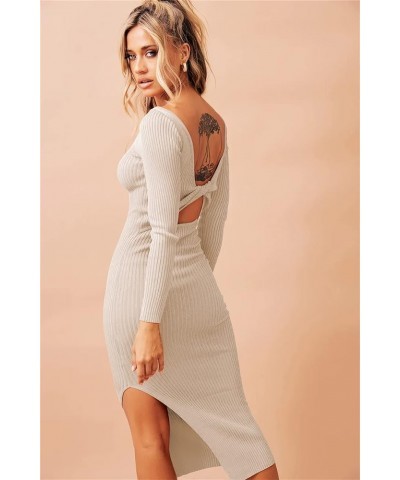 Women Twist Front Cutout Bodycon Club Night Out Party Dress Long Sleeve V Neck Ribbed Knitted Backless Slim Fit Midi Dresses ...