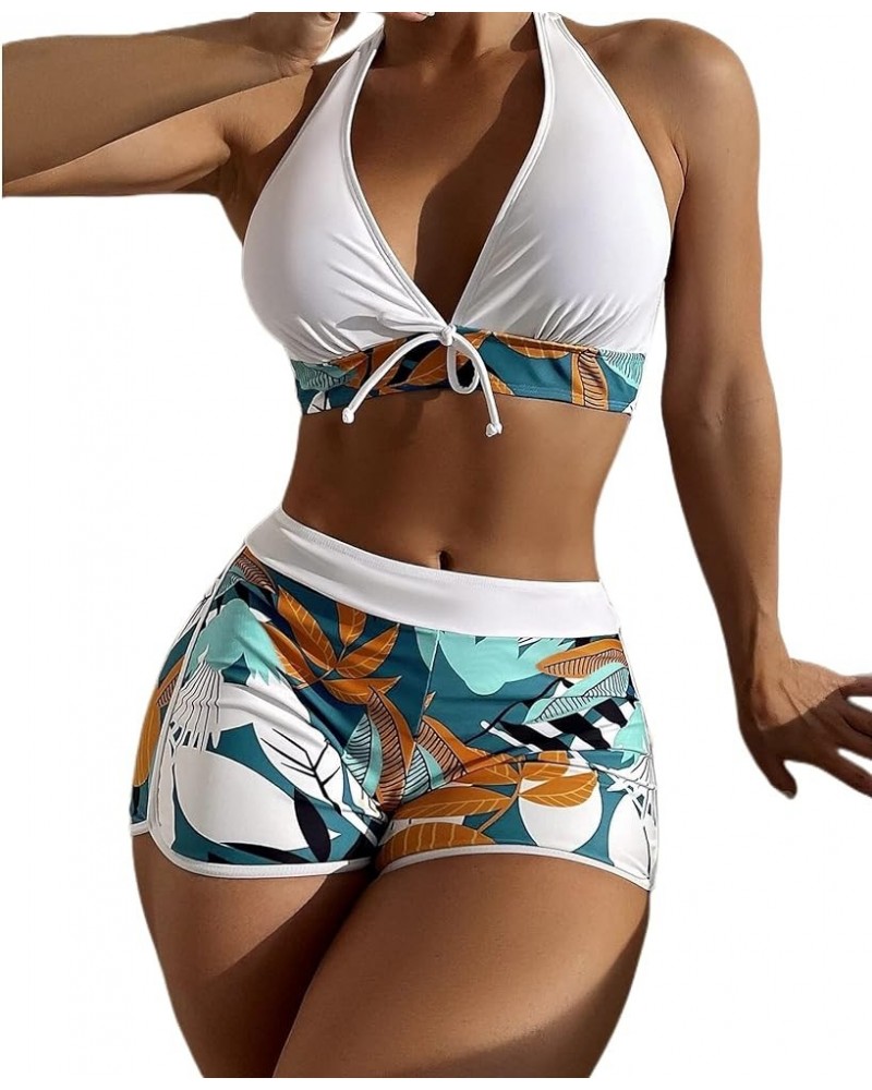 Women Two Piece Swimsuit Bathing Suits Floral Tropical High Waisted Beachwear Board Shorts Halter Tops White $11.00 Swimsuits