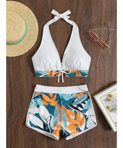 Women Two Piece Swimsuit Bathing Suits Floral Tropical High Waisted Beachwear Board Shorts Halter Tops White $11.00 Swimsuits