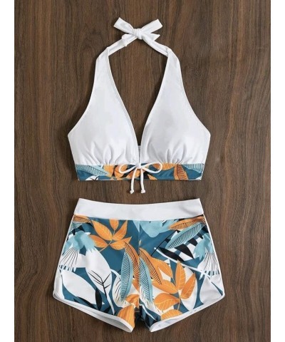 Women Two Piece Swimsuit Bathing Suits Floral Tropical High Waisted Beachwear Board Shorts Halter Tops White $11.00 Swimsuits