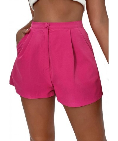 Women's High Waist Fold Pleated Belted Rolled Paper Bag Shorts with Pockets A Hot Pink $11.60 Shorts