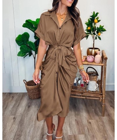 Women 2024 Button Down Ruched Shirt Dresses Short Sleeve Lapel V Neck Elegant Party Spring Summer Maxi Satin Dress Short Slee...