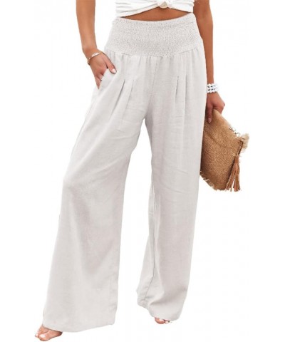 Womens Cotton Linen Pants Wide Leg High Waist Long Palazzo Trousers with Pocket White $9.34 Pants