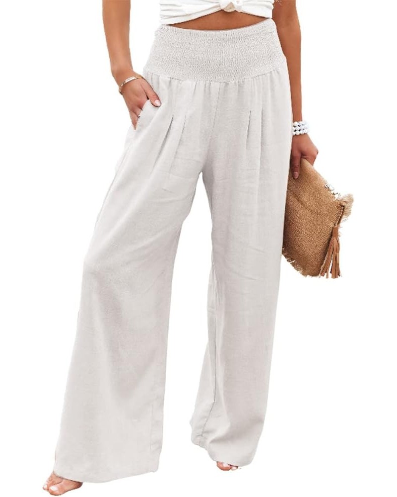 Womens Cotton Linen Pants Wide Leg High Waist Long Palazzo Trousers with Pocket White $9.34 Pants