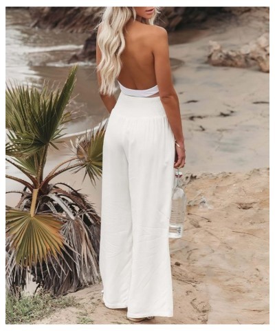 Womens Cotton Linen Pants Wide Leg High Waist Long Palazzo Trousers with Pocket White $9.34 Pants