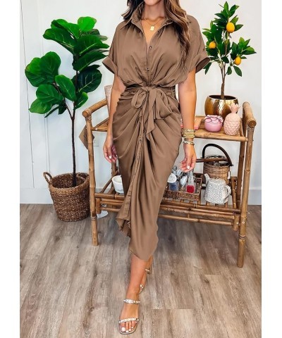 Women 2024 Button Down Ruched Shirt Dresses Short Sleeve Lapel V Neck Elegant Party Spring Summer Maxi Satin Dress Short Slee...