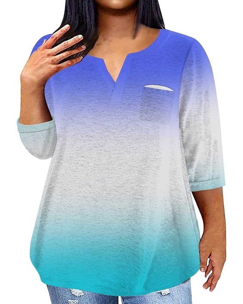 3/4 Sleeve Tops Winter Tie Dye Oversized T Shirts V Neck Half Sleeve Tops Plus Size Fall Pockets Blouses Dressy Casual A412-b...