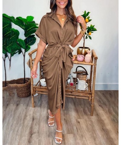 Women 2024 Button Down Ruched Shirt Dresses Short Sleeve Lapel V Neck Elegant Party Spring Summer Maxi Satin Dress Short Slee...