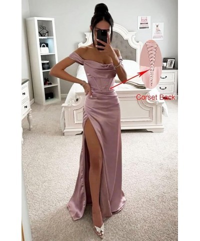 Off Shoulder Bridesmaid Dresses Satin for Women 2023 Ball Gown Mermaid Pleated Corset Prom Dress Long with Slit DE104 Silver ...