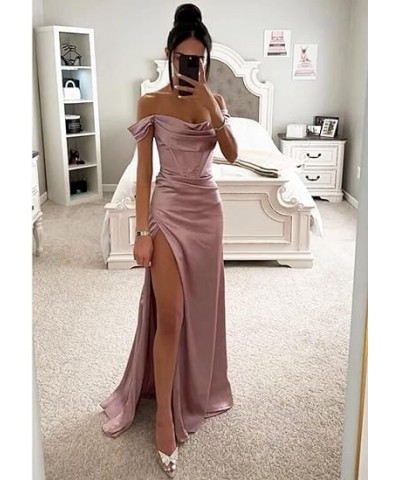 Off Shoulder Bridesmaid Dresses Satin for Women 2023 Ball Gown Mermaid Pleated Corset Prom Dress Long with Slit DE104 Silver ...