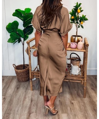 Women 2024 Button Down Ruched Shirt Dresses Short Sleeve Lapel V Neck Elegant Party Spring Summer Maxi Satin Dress Short Slee...