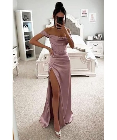 Off Shoulder Bridesmaid Dresses Satin for Women 2023 Ball Gown Mermaid Pleated Corset Prom Dress Long with Slit DE104 Silver ...