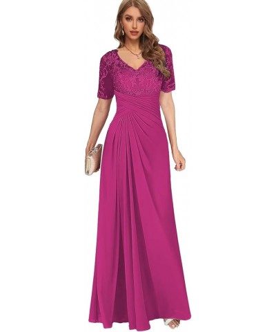 Women's Long Mother of The Bride Dresses with Sleeves V Neck Lace Chiffon Ruched Evening Formal Dress for Wedding Hot Pink $3...