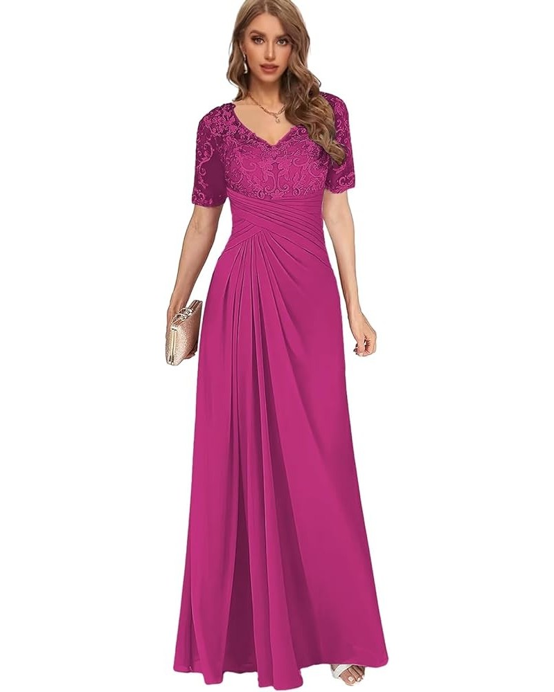 Women's Long Mother of The Bride Dresses with Sleeves V Neck Lace Chiffon Ruched Evening Formal Dress for Wedding Hot Pink $3...