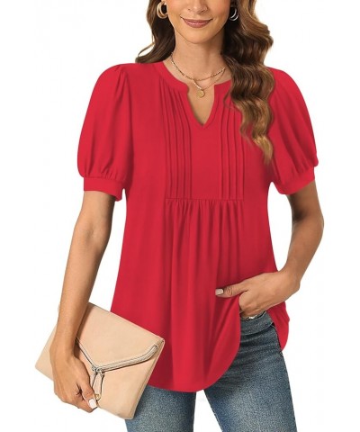 Womens Summer Dressy Casual Blouse Puff Short Sleeve Tunic Tops Pleated T-Shirts for Work Pleated Red $13.99 Tops