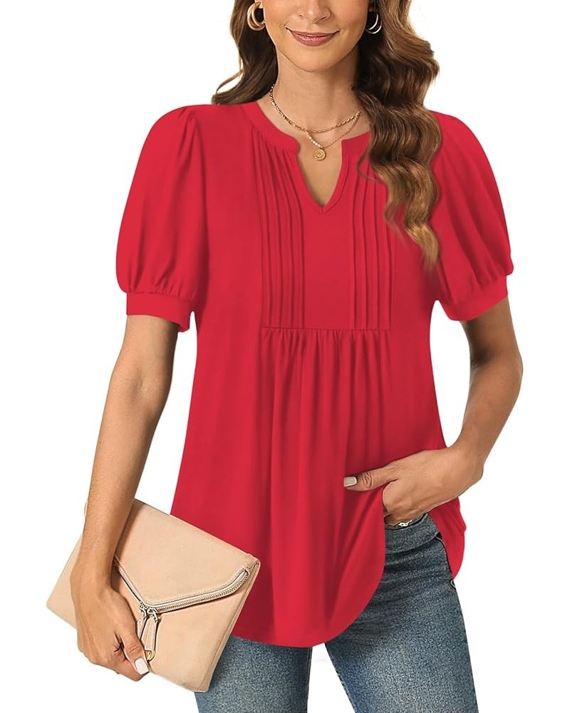 Womens Summer Dressy Casual Blouse Puff Short Sleeve Tunic Tops Pleated T-Shirts for Work Pleated Red $13.99 Tops