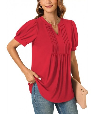 Womens Summer Dressy Casual Blouse Puff Short Sleeve Tunic Tops Pleated T-Shirts for Work Pleated Red $13.99 Tops