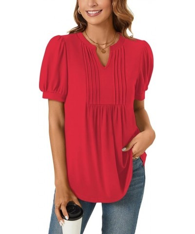 Womens Summer Dressy Casual Blouse Puff Short Sleeve Tunic Tops Pleated T-Shirts for Work Pleated Red $13.99 Tops