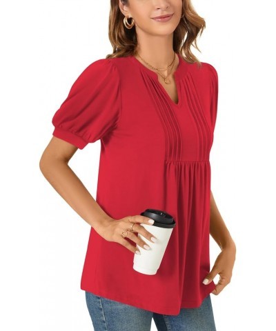 Womens Summer Dressy Casual Blouse Puff Short Sleeve Tunic Tops Pleated T-Shirts for Work Pleated Red $13.99 Tops