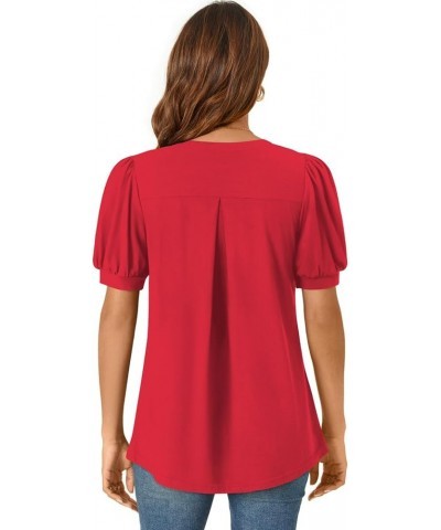 Womens Summer Dressy Casual Blouse Puff Short Sleeve Tunic Tops Pleated T-Shirts for Work Pleated Red $13.99 Tops