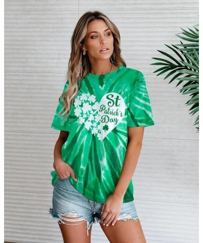 St. Patrick's Day T-Shirt Women St Patricks Rainbow Shirt Shamrock Lucky Graphic Shirt Lucky Gift Tee Tops Tie-dye Green $9.4...