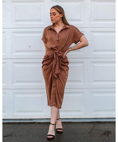 Women 2024 Button Down Ruched Shirt Dresses Short Sleeve Lapel V Neck Elegant Party Spring Summer Maxi Satin Dress Short Slee...