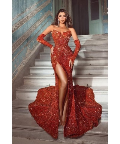 Mermaid Prom Dresses with Slit for Women 2024 Deep V-Neck Detachable Sleeves Sequins Formal Evening Gown DR0179 Gold $42.47 D...